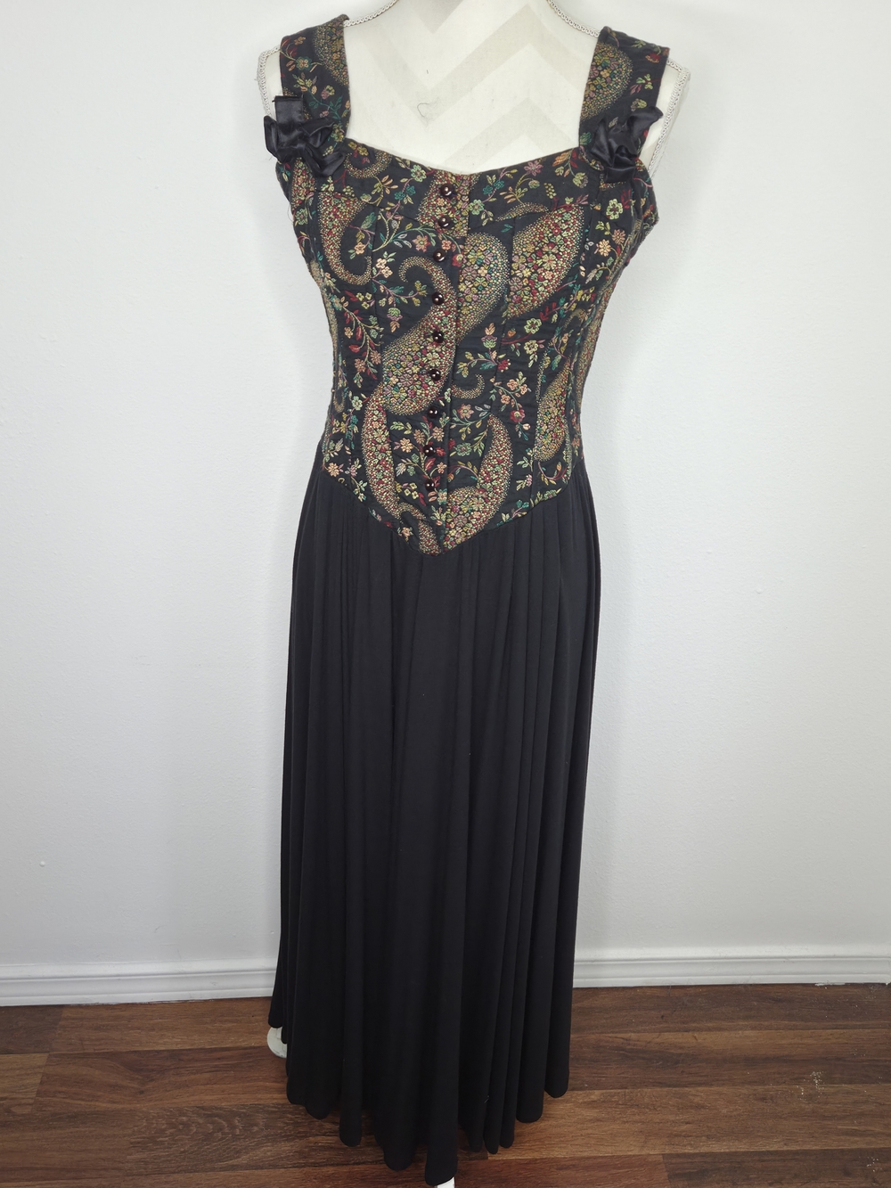 Vintage Karen Alexander Black Maxi Dress with Floral Brocade Bodice